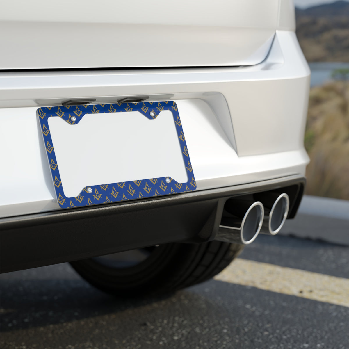 Master Mason Blue Lodge License Plate Frame - Blue & Gold Square & Compass with G - Bricks Masons