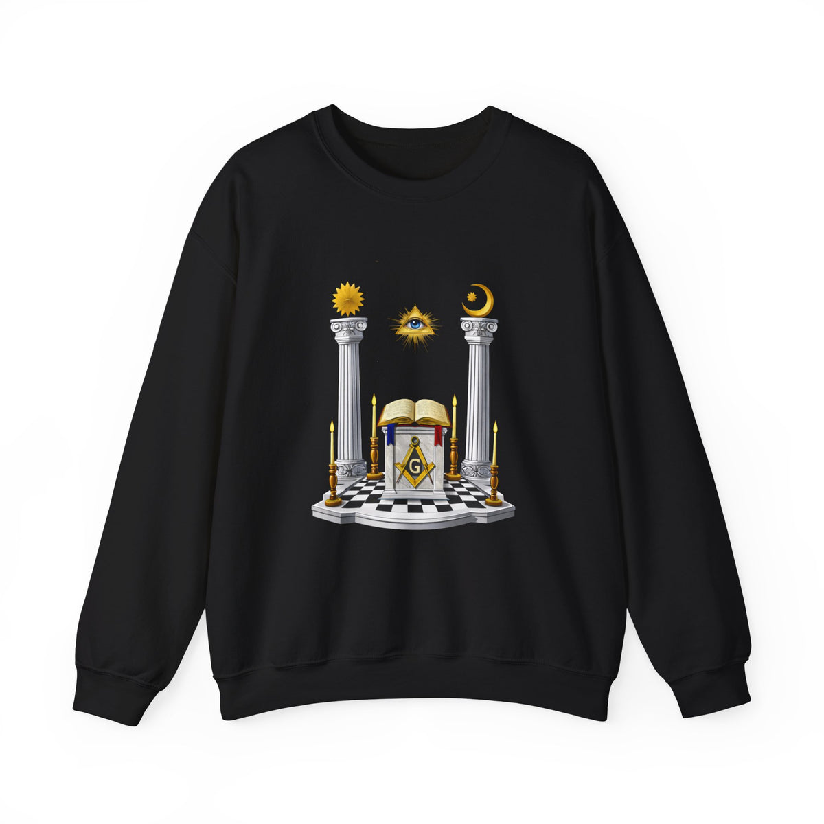 Master Mason Blue Lodge Sweatshirt - S&C G with Altar Pillars and Eye on Checkered Floor