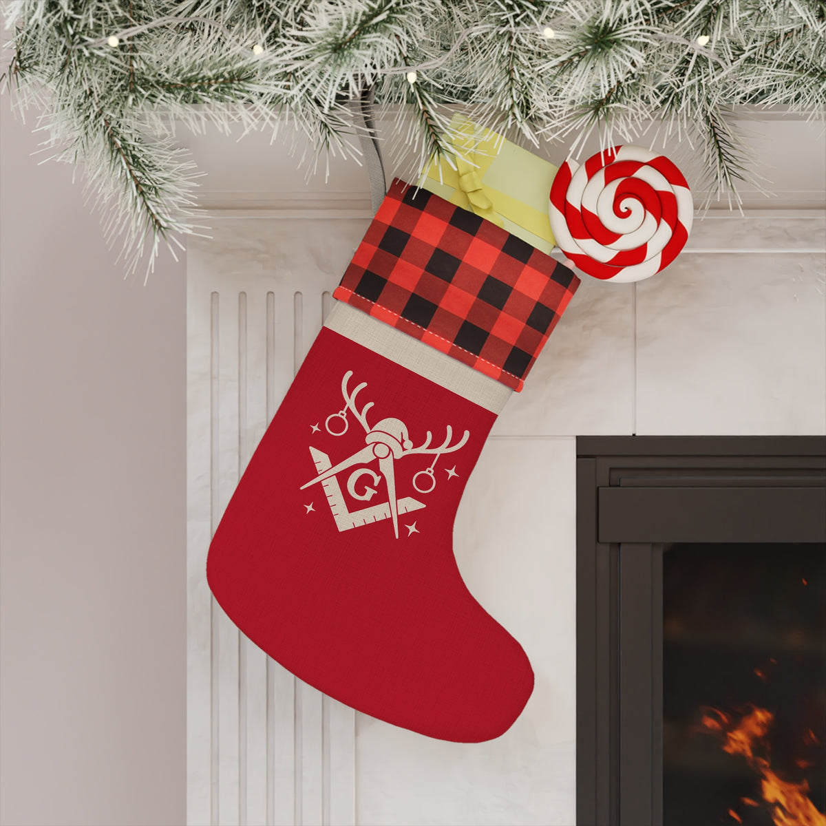 Master Mason Blue Lodge Christmas Stocking - Festive Square & Compass G Design - Bricks Masons