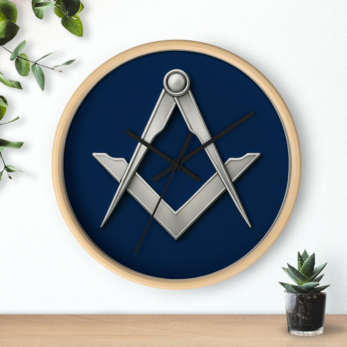 Master Mason Blue Lodge Clock - Minimalist Square & Compass in Wooden Frame - Bricks Masons
