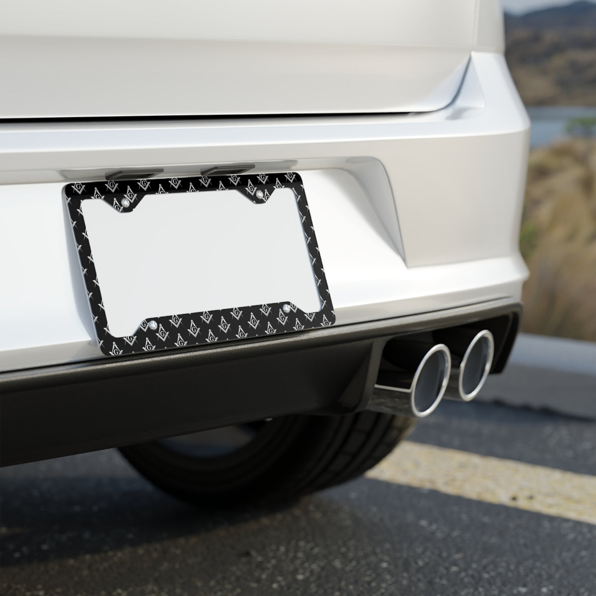 Master Mason Blue Lodge License Plate Frame - Silver Square & Compass with G Pattern - Bricks Masons