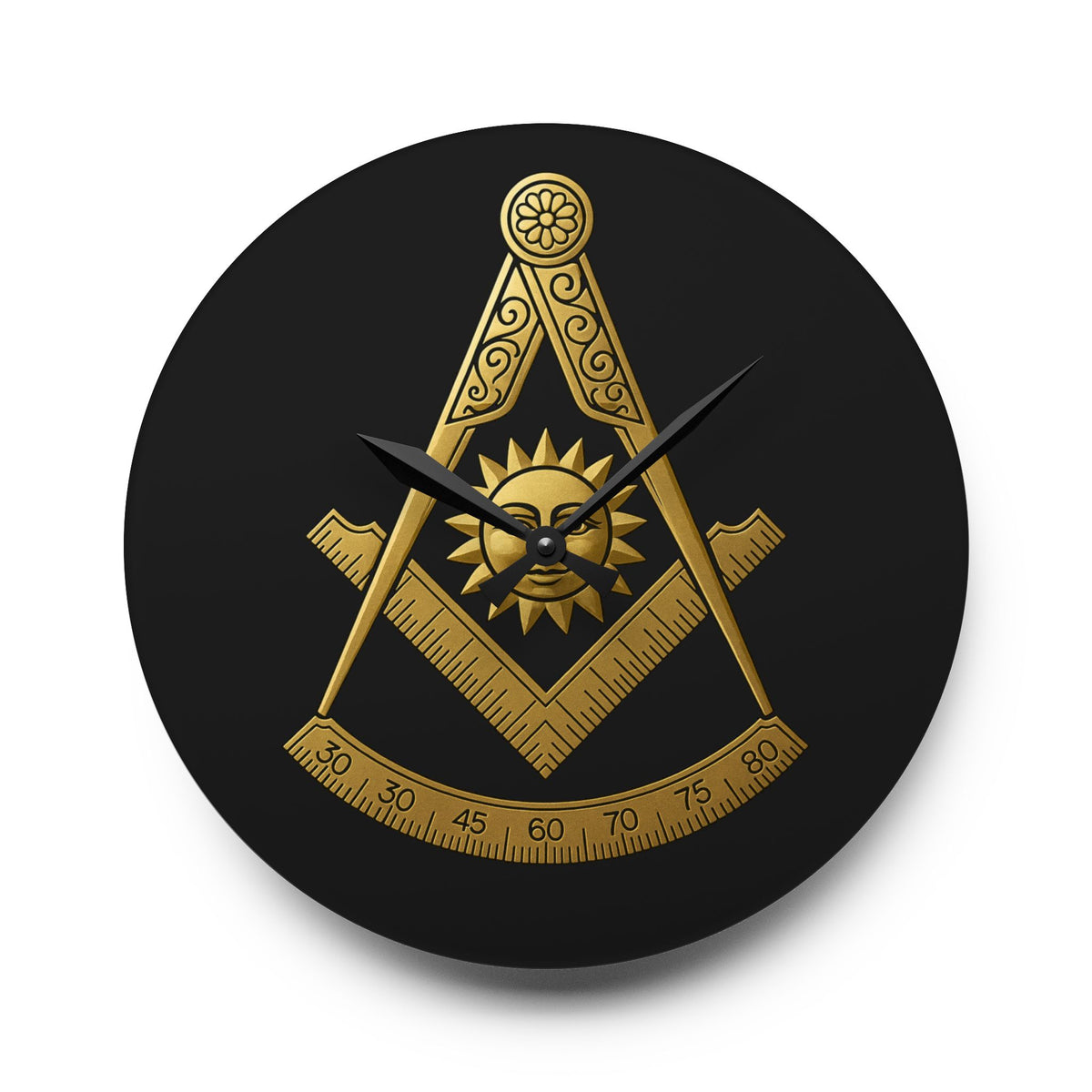 Past Master Blue Lodge Clock - Square Compass Sun & Quadrant Emblem on Clear Acrylic - Bricks Masons