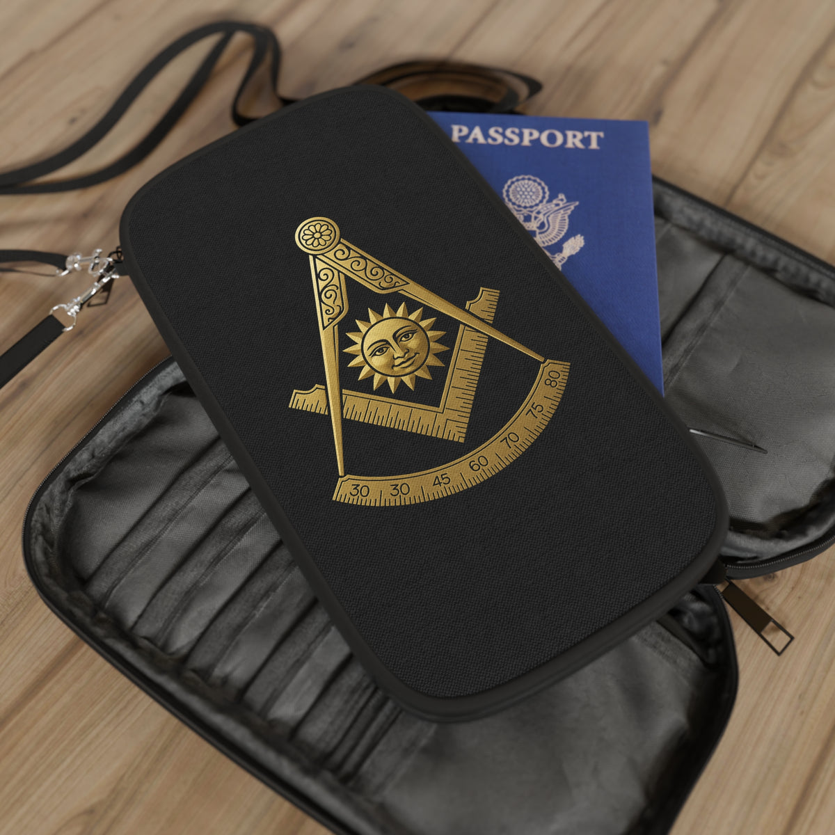 Past Master Blue Lodge Passport Wallet - Gold S&C With Shoulder & Wrist Strap - Bricks Masons