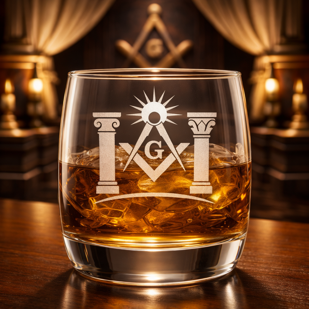 Master Mason Blue Lodge Whiskey Glass - S&C G with Pillars and Radiant Light