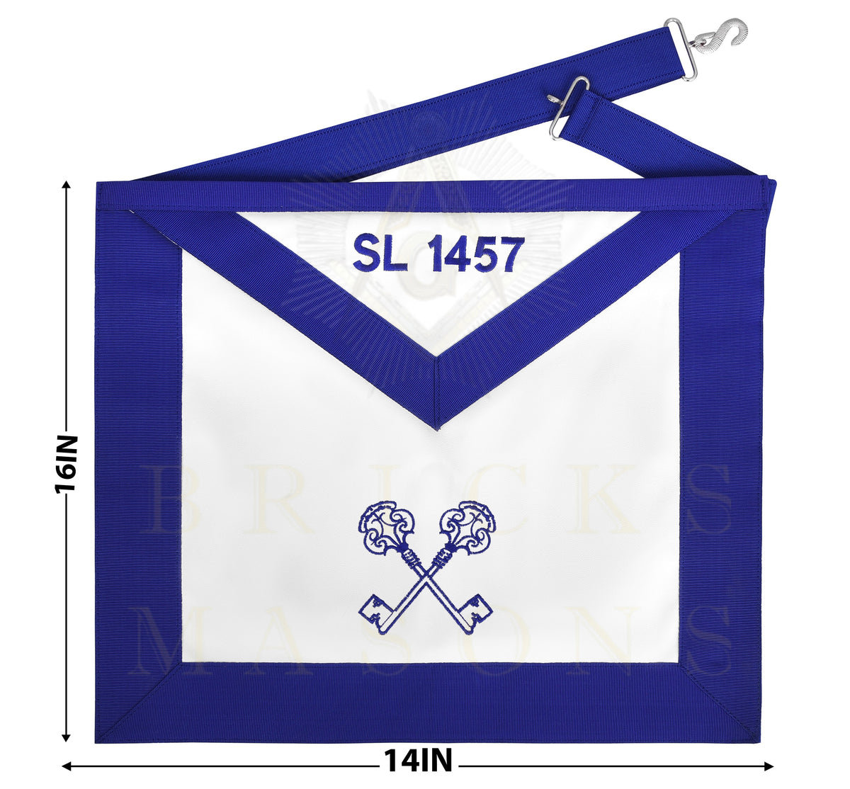 Treasurer Blue Lodge Officer Apron - Blue Ribbon With Machine Embroidery Customizable Flap - Bricks Masons