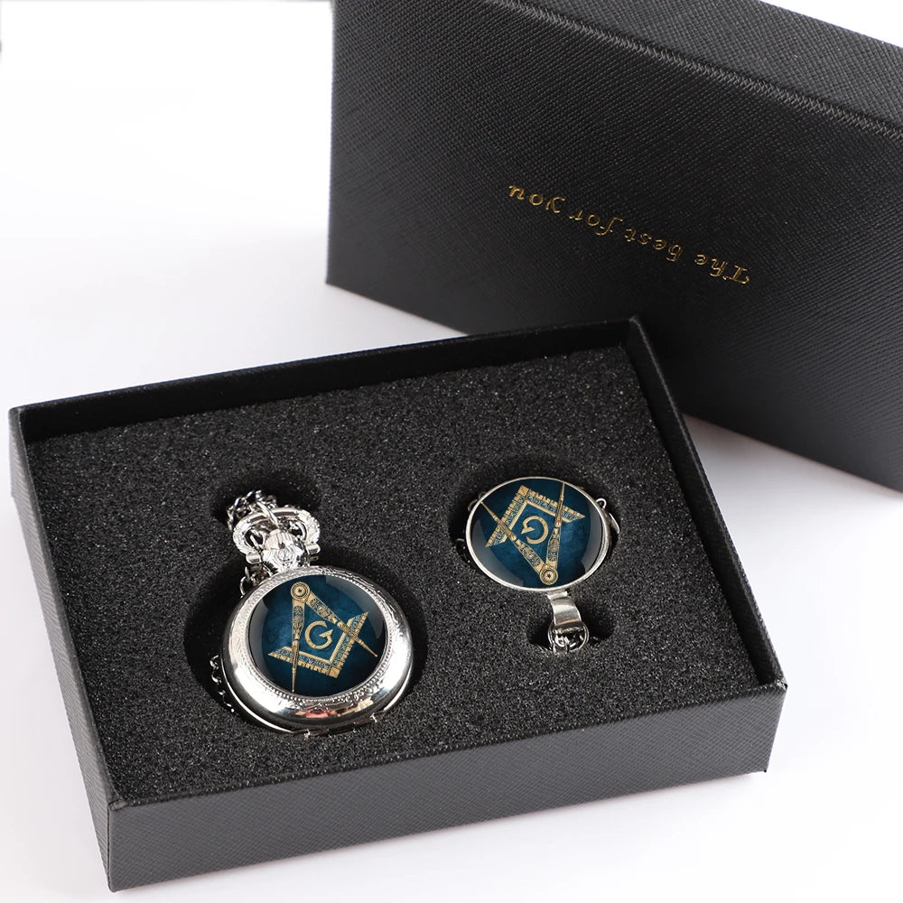 Master Mason Blue Lodge Pocket Watch - Pendant Chain Classic Design Quartz Case - Bricks Masons