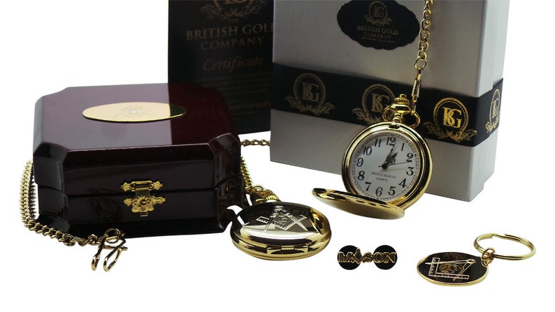 Master Mason Blue Lodge Pocket Watch - 24k Gold Keychain Full Hunter and Lapel Pin - Bricks Masons