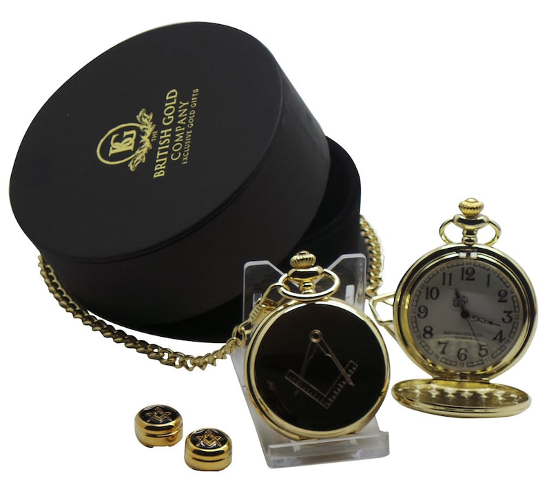 Master Mason Blue Lodge Pocket Watch - Cufflinks Personalised Full Hunter Gift Set in Case - Bricks Masons