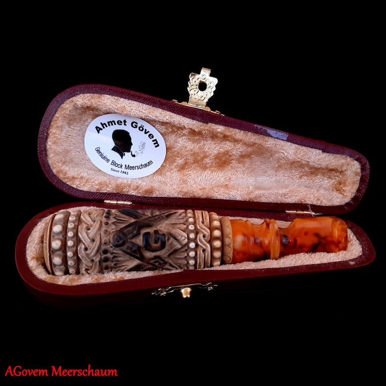 Master Mason Blue Lodge Cigarette Holder - Meerschaum & Natural Wax with Fitter Case - Bricks Masons