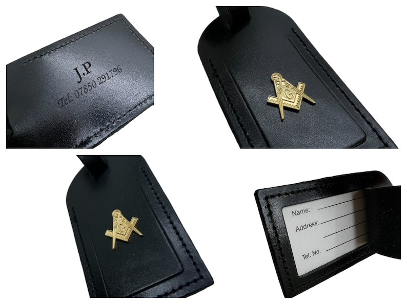 Master Mason Blue Lodge Luggage Tag - Leather Gold Engraved Case Label Personalized - Bricks Masons