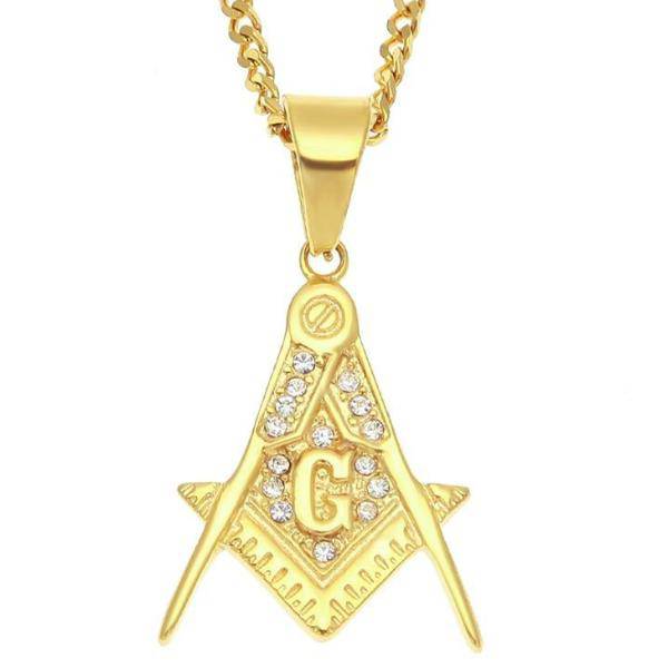 Master Mason Blue Lodge Necklace - Zirconia Stainless Steel Square Compass G Pendant - Bricks Masons