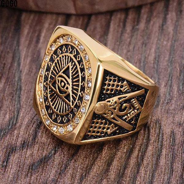 Master Mason Blue Lodge Ring - with Pyramid Crystal Gold Color - Bricks Masons