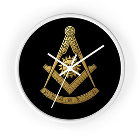 Past Master Blue Lodge Clock - Square Compass Sun & Quadrant Emblem on Wood Frame - Bricks Masons