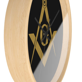 Master Mason Blue Lodge Clock - Shiny Golden S&C G on Black Dial - Bricks Masons