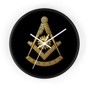Past Master Blue Lodge Clock - Square Compass Sun & Quadrant Emblem on Wood Frame - Bricks Masons