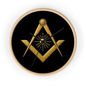 Master Mason Blue Lodge Clock - Golden S&C with Sun in Wooden Frame - Bricks Masons