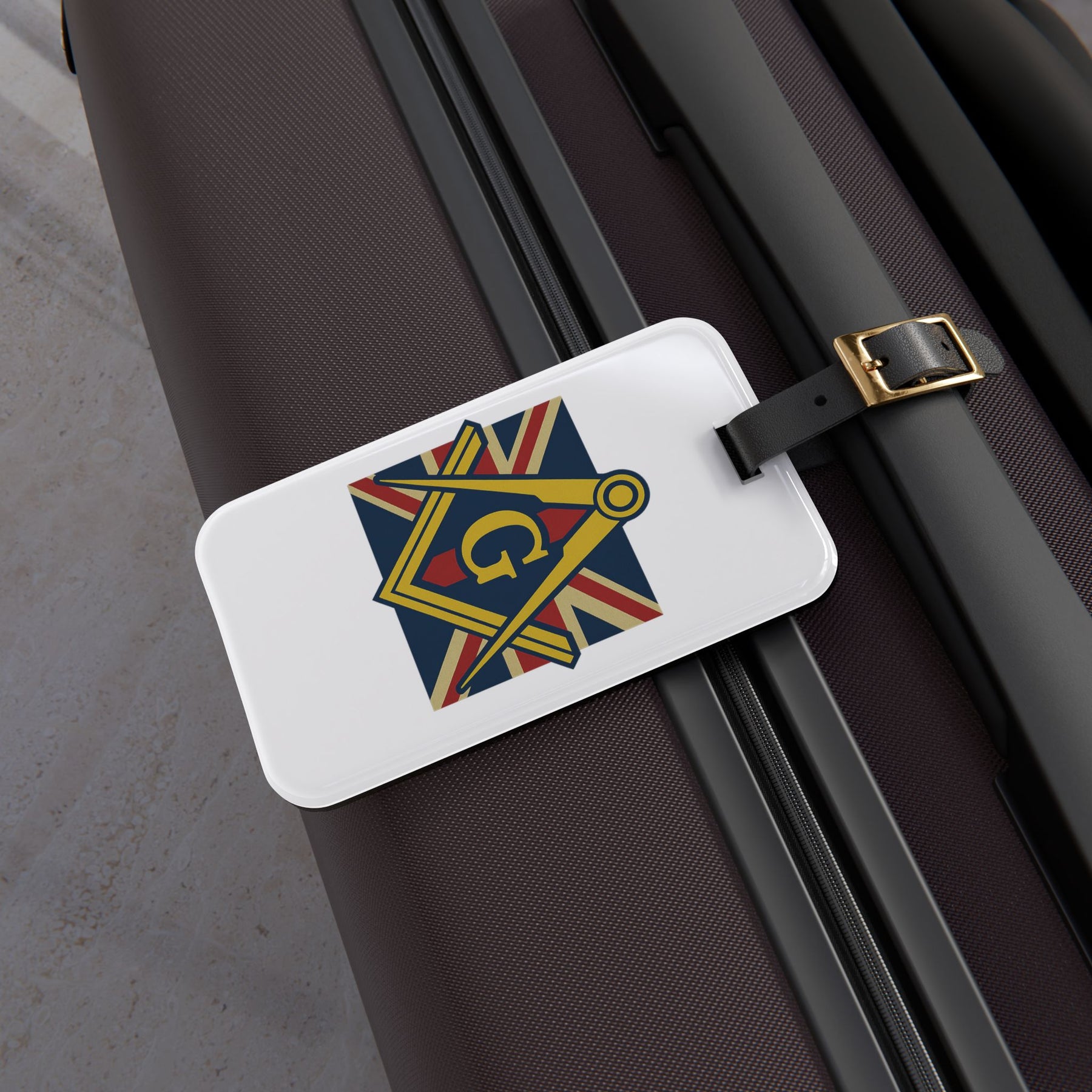 Master Mason Craft Luggage Tag - White With Black Leather Strap - Bricks Masons