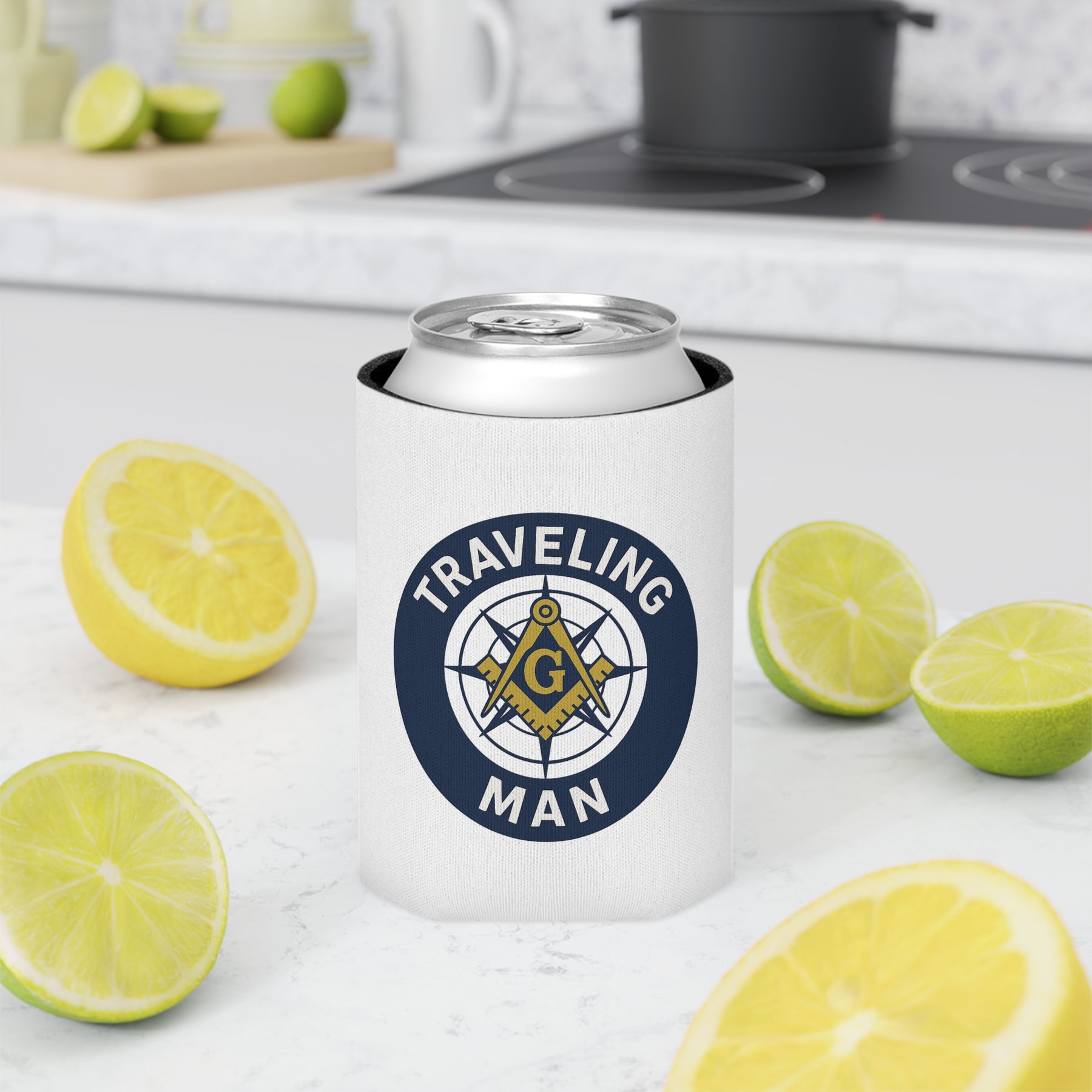 Master Mason Blue Lodge Can Cooler - S&C G Traveling Man - Bricks Masons