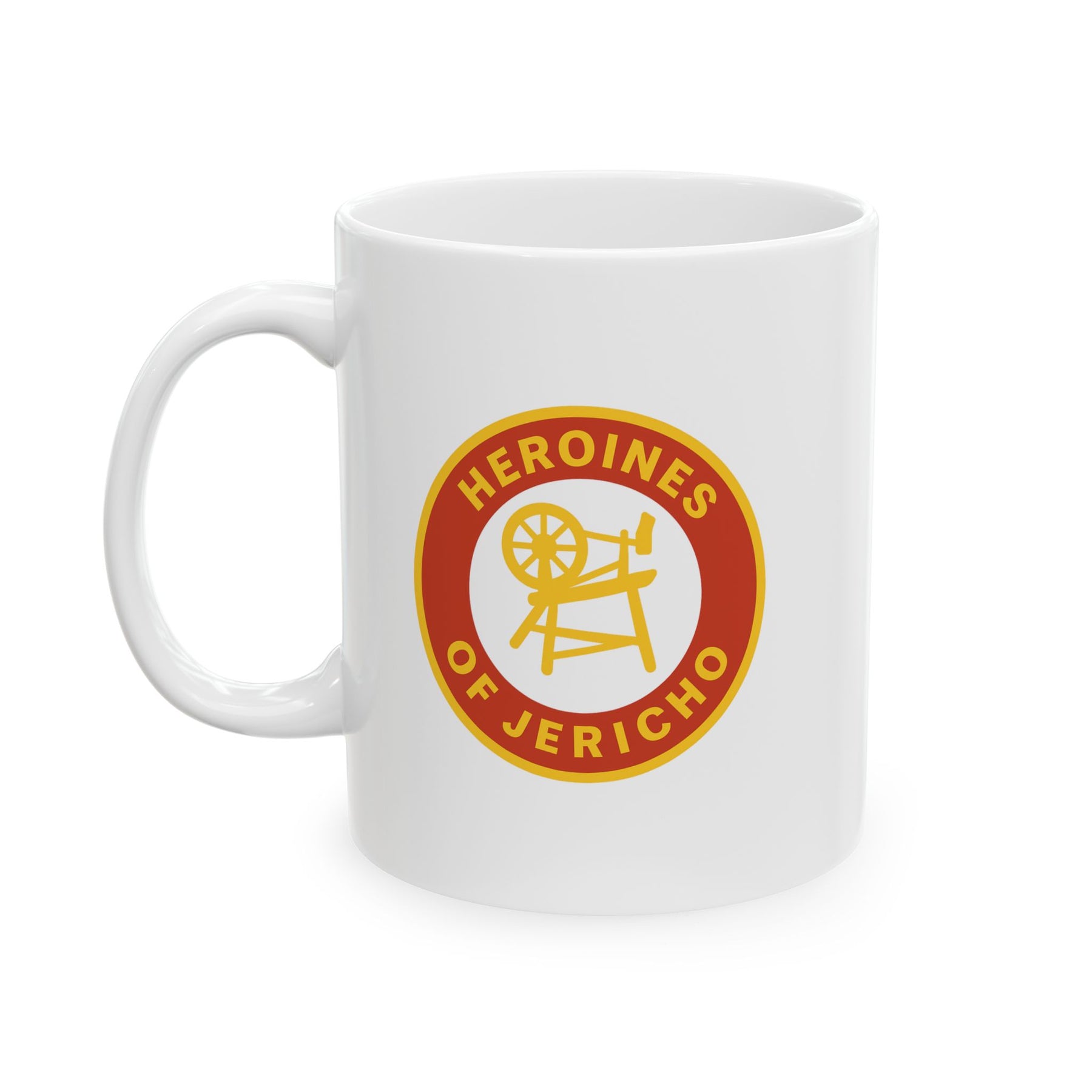 Heroines of Jericho Mug - White with Spinning Wheel and Chair Emblem - Bricks Masons