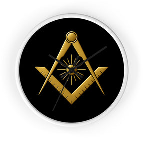 Master Mason Blue Lodge Clock - Golden S&C with Sun in Wooden Frame - Bricks Masons