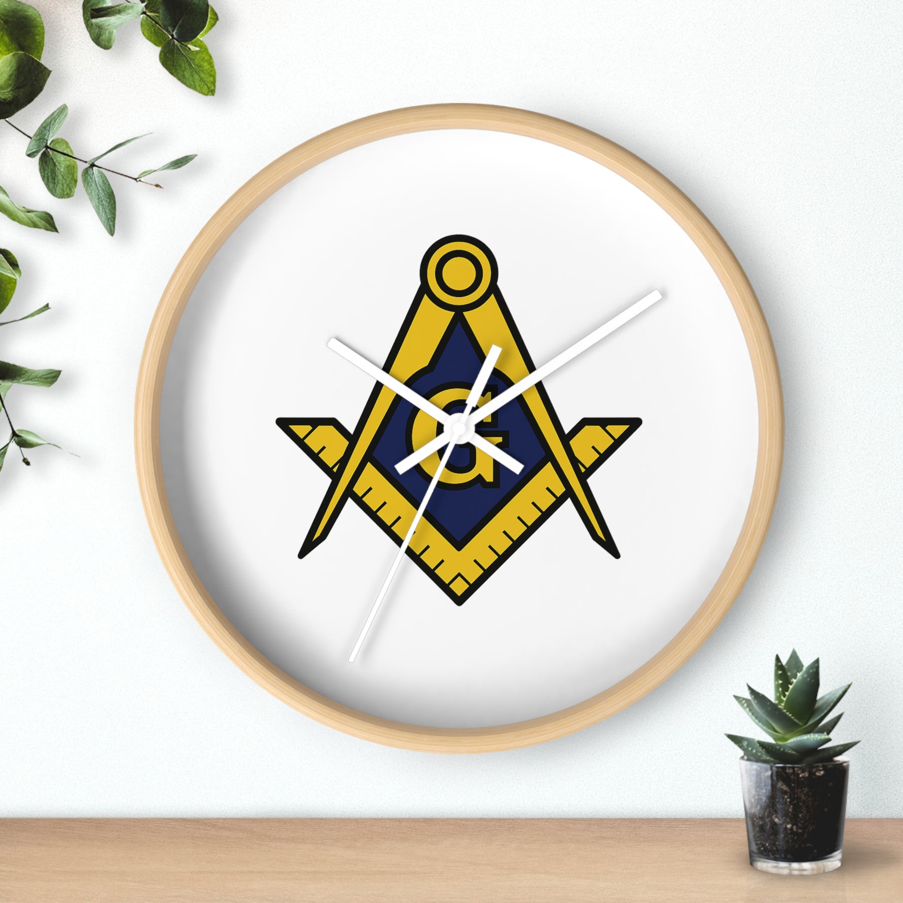 Master Mason Blue Lodge Clock - Wood Frame with Golden Square & Compass G - Bricks Masons