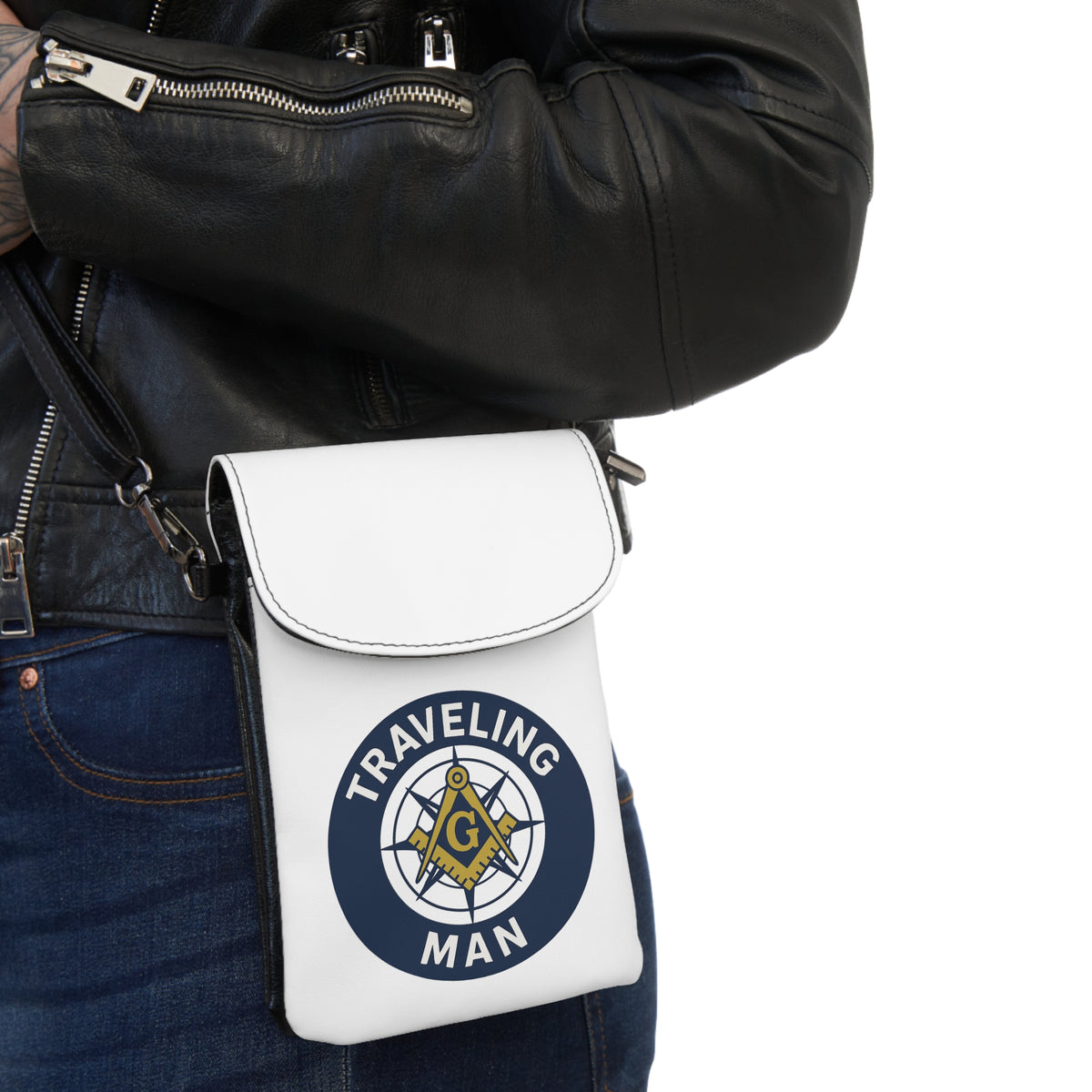 Master Mason Blue Lodge Cell Phone Wallet - Traveling Man Microfiber Leather - Bricks Masons