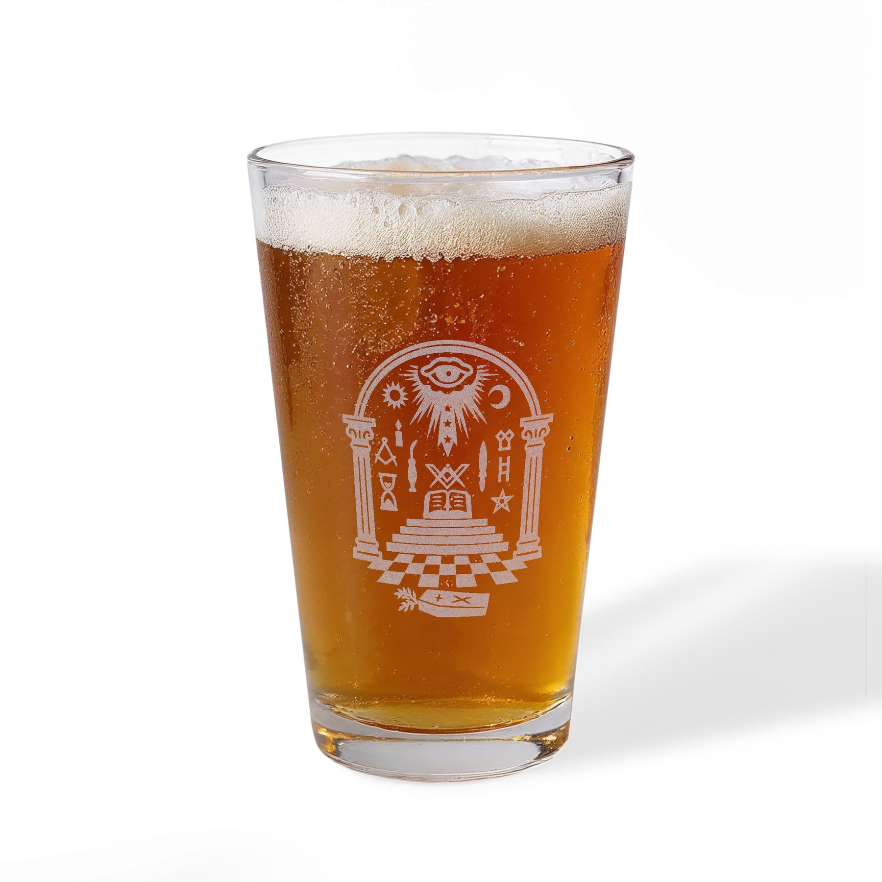 Master Mason Blue Lodge Pint Glass - Checkered Floor Pillars All-Seeing Eye & Tools