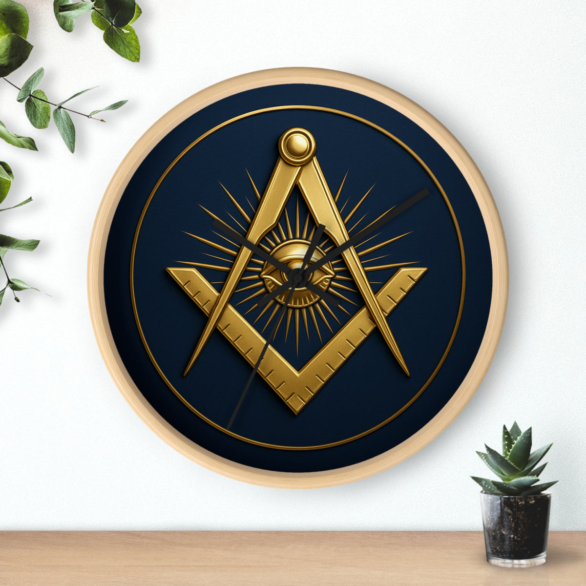 Master Mason Blue Lodge Clock - Wood Frame with Eye Square & Compass Symbol - Bricks Masons