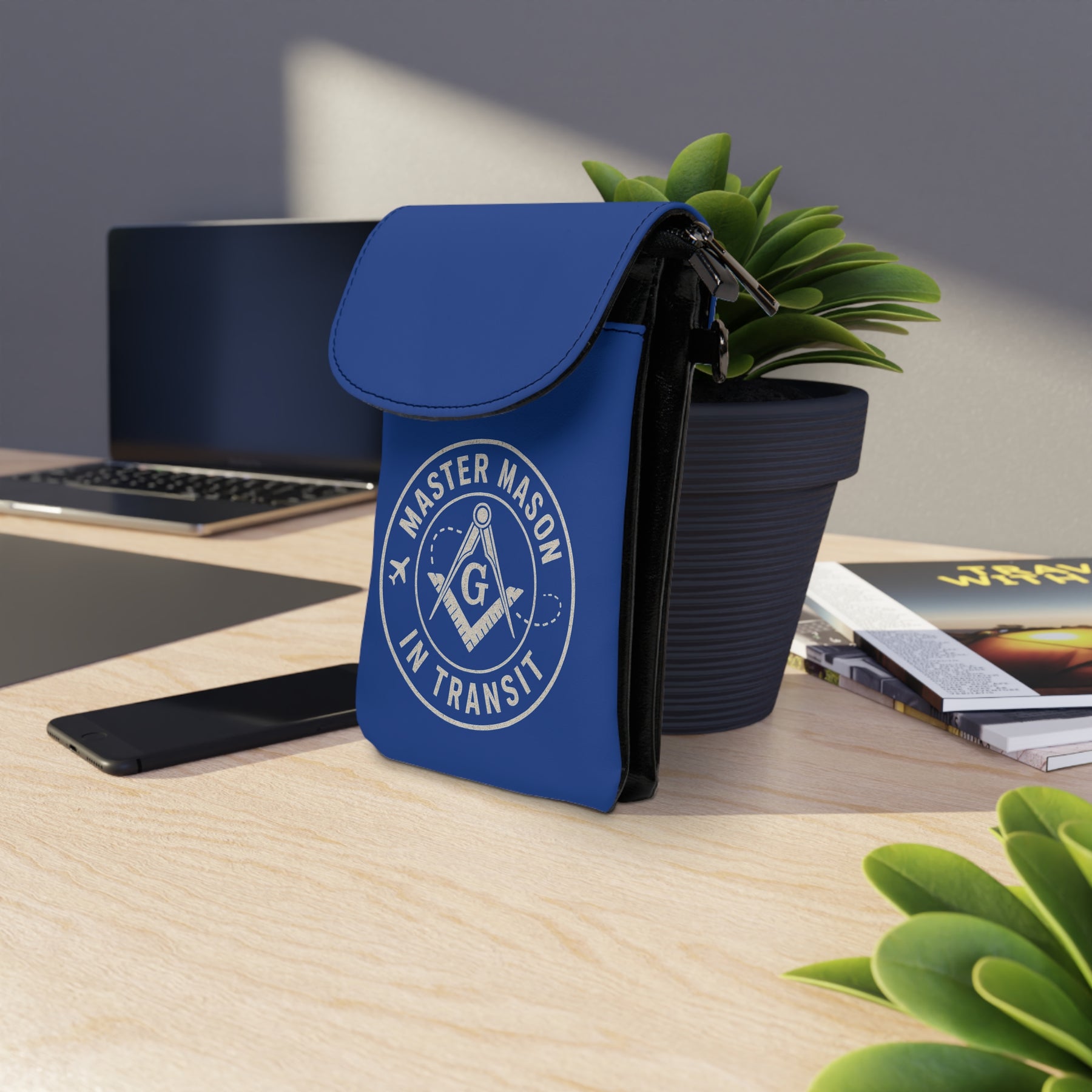 Master Mason Blue Lodge Cell Phone Wallet - Mason In Transit Blue Microfiber Leather - Bricks Masons