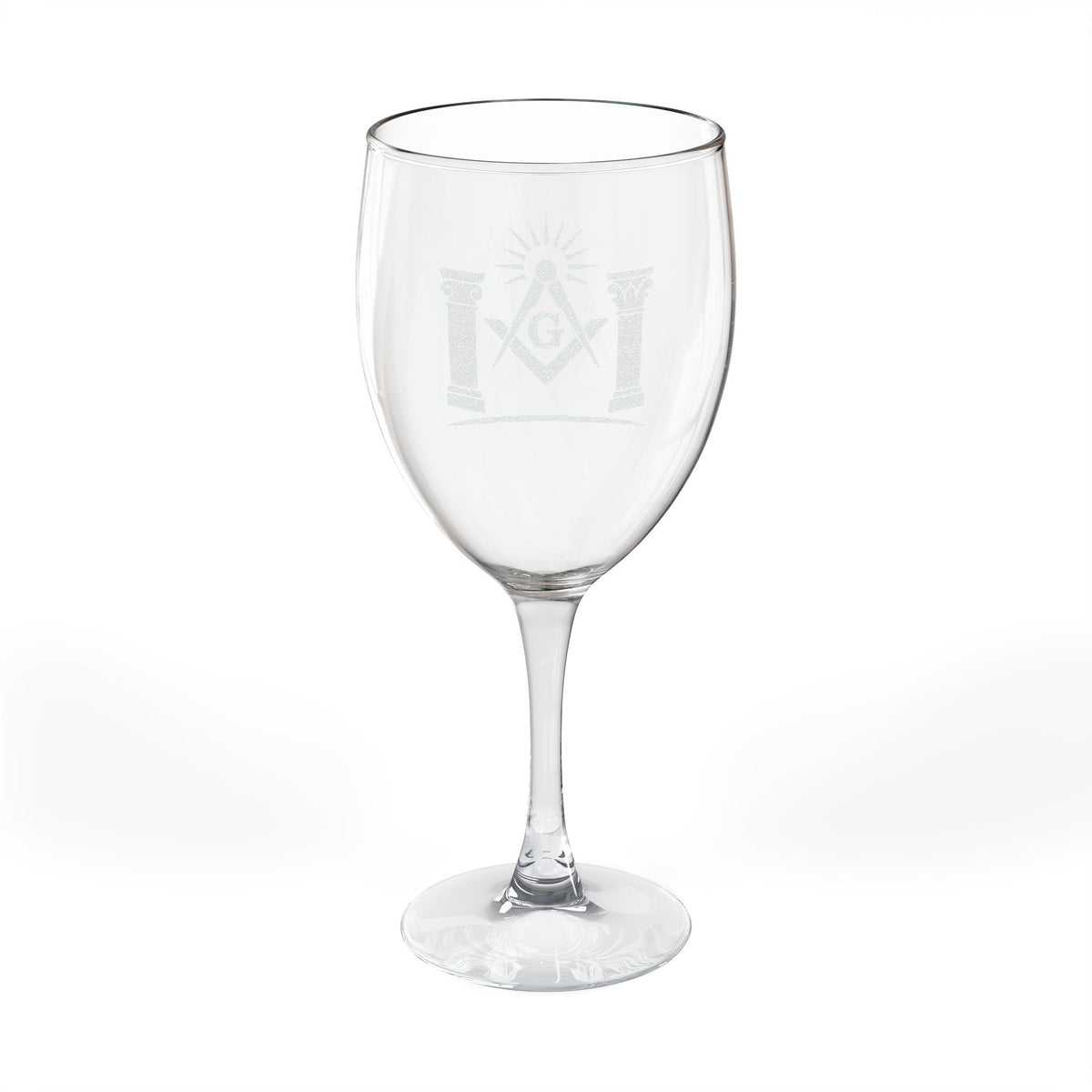 Master Mason Blue Lodge Wine Glass - Square & Compass G with Twin Pillars & Radiant Light