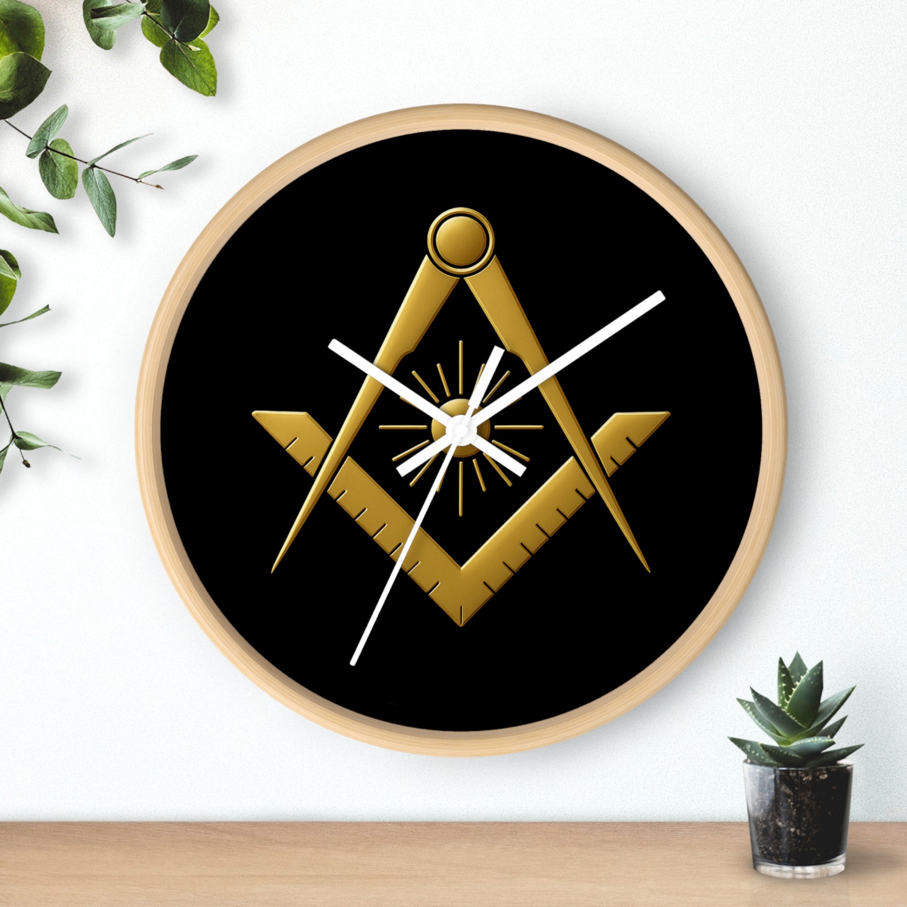 Master Mason Blue Lodge Clock - Golden S&C with Sun in Wooden Frame - Bricks Masons