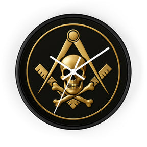 Widows Sons Clock - Square & Compass with Skull Emblem on Wooden Frame - Bricks Masons