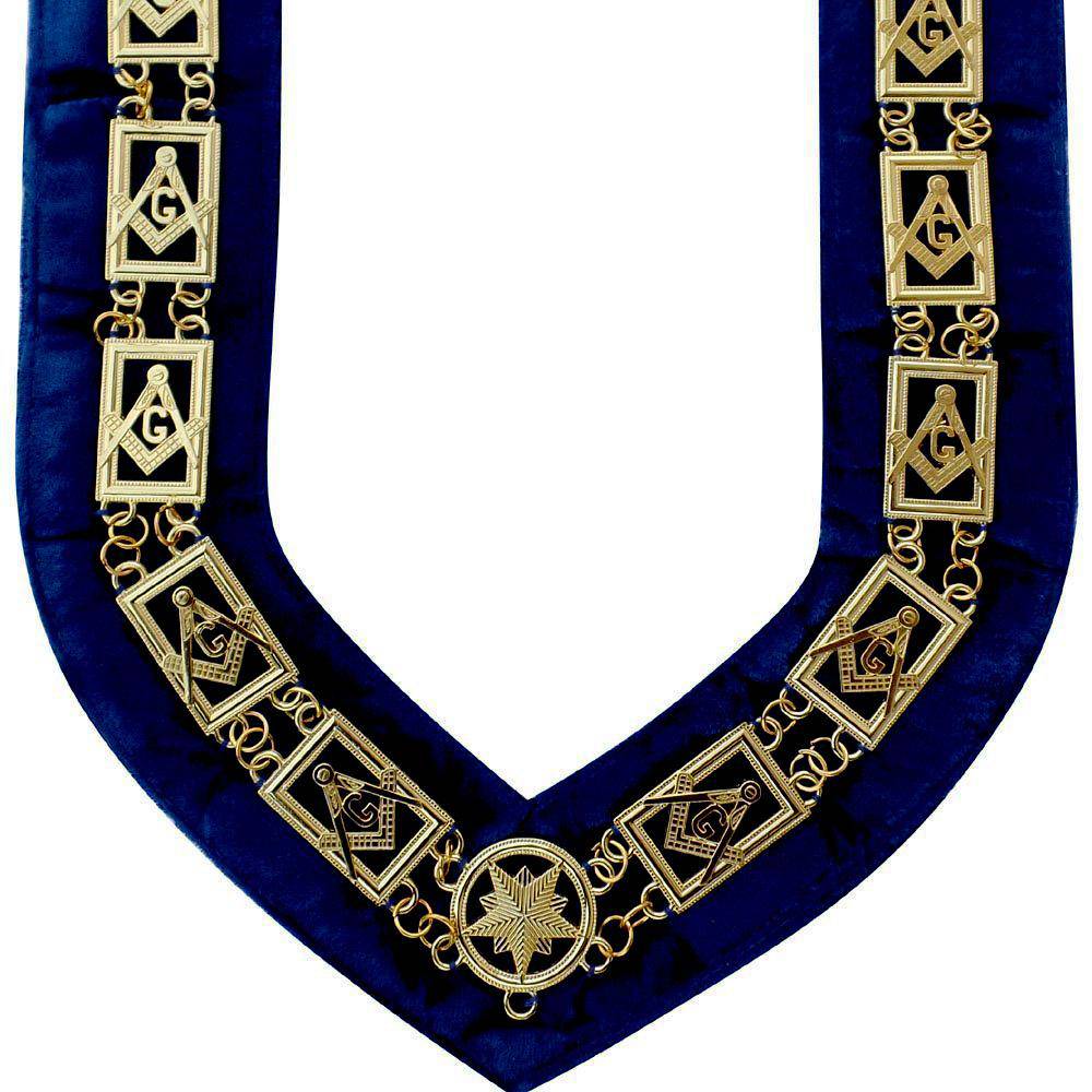 Master Mason Blue Lodge Chain Collar - Gold Plated Square & Compass G