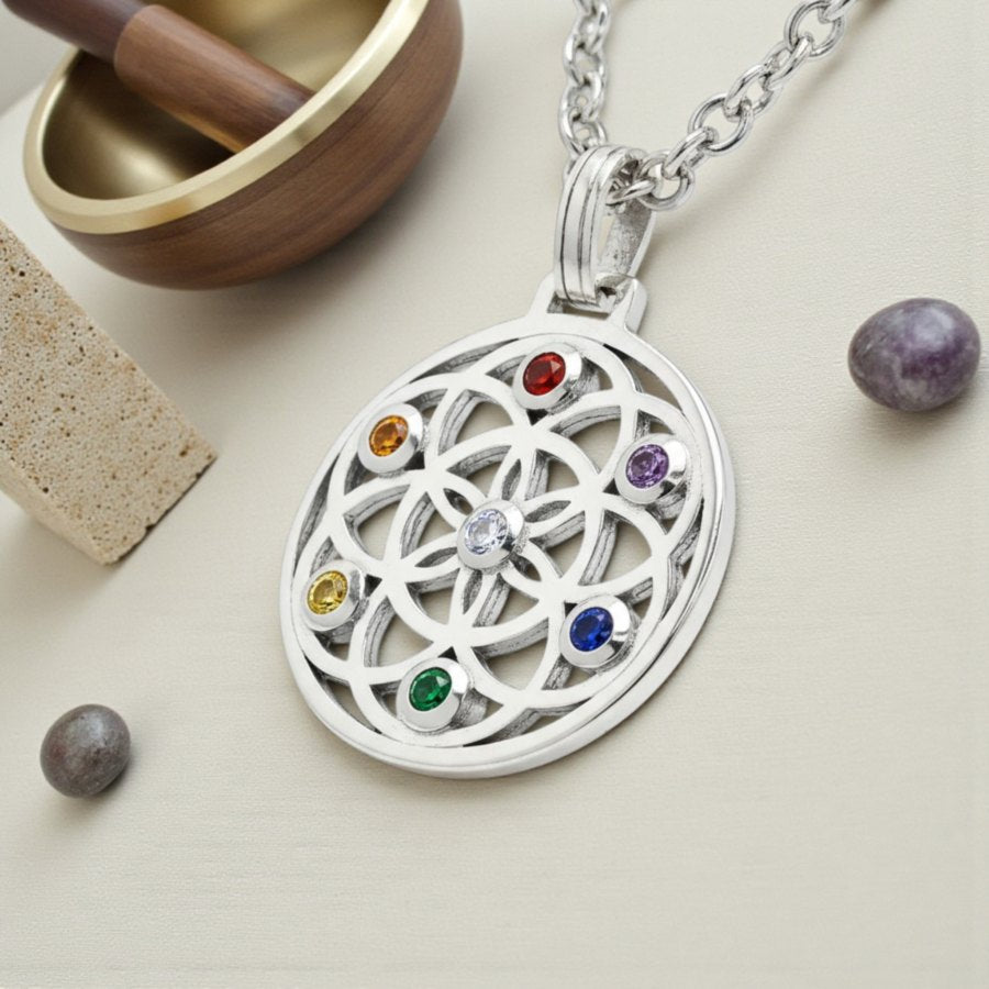 I Pendant Seed of Life and Chakras in Silver Kabbalah Art 258 - Bricks Masons