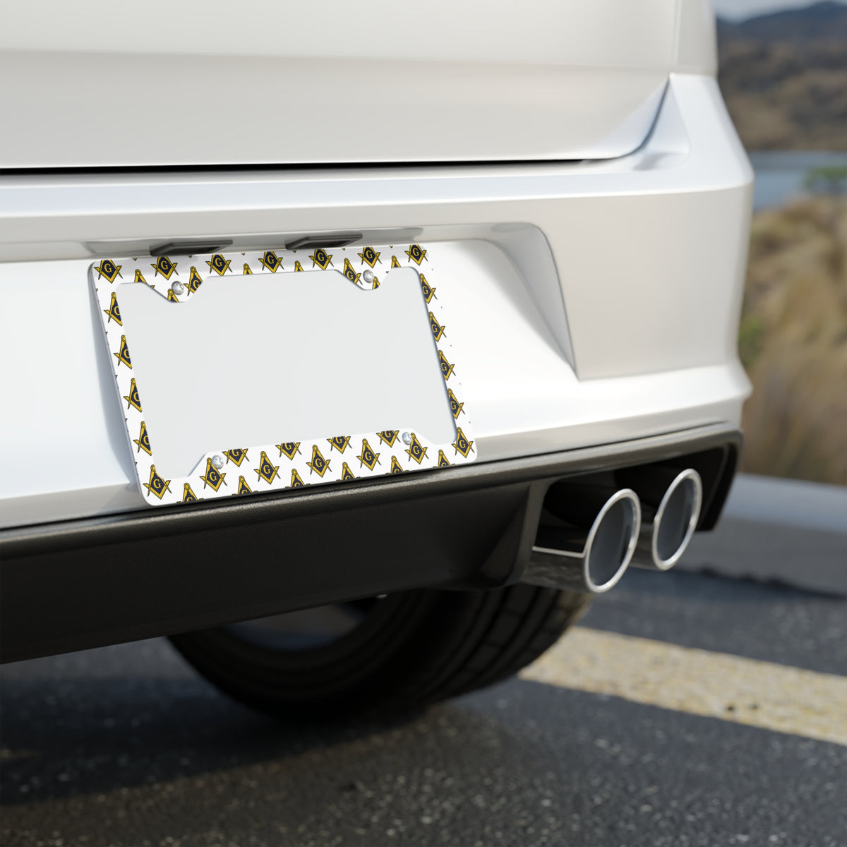 Master Mason Blue Lodge License Plate Frame - Seamless Gold Square & Compass G Print - Bricks Masons