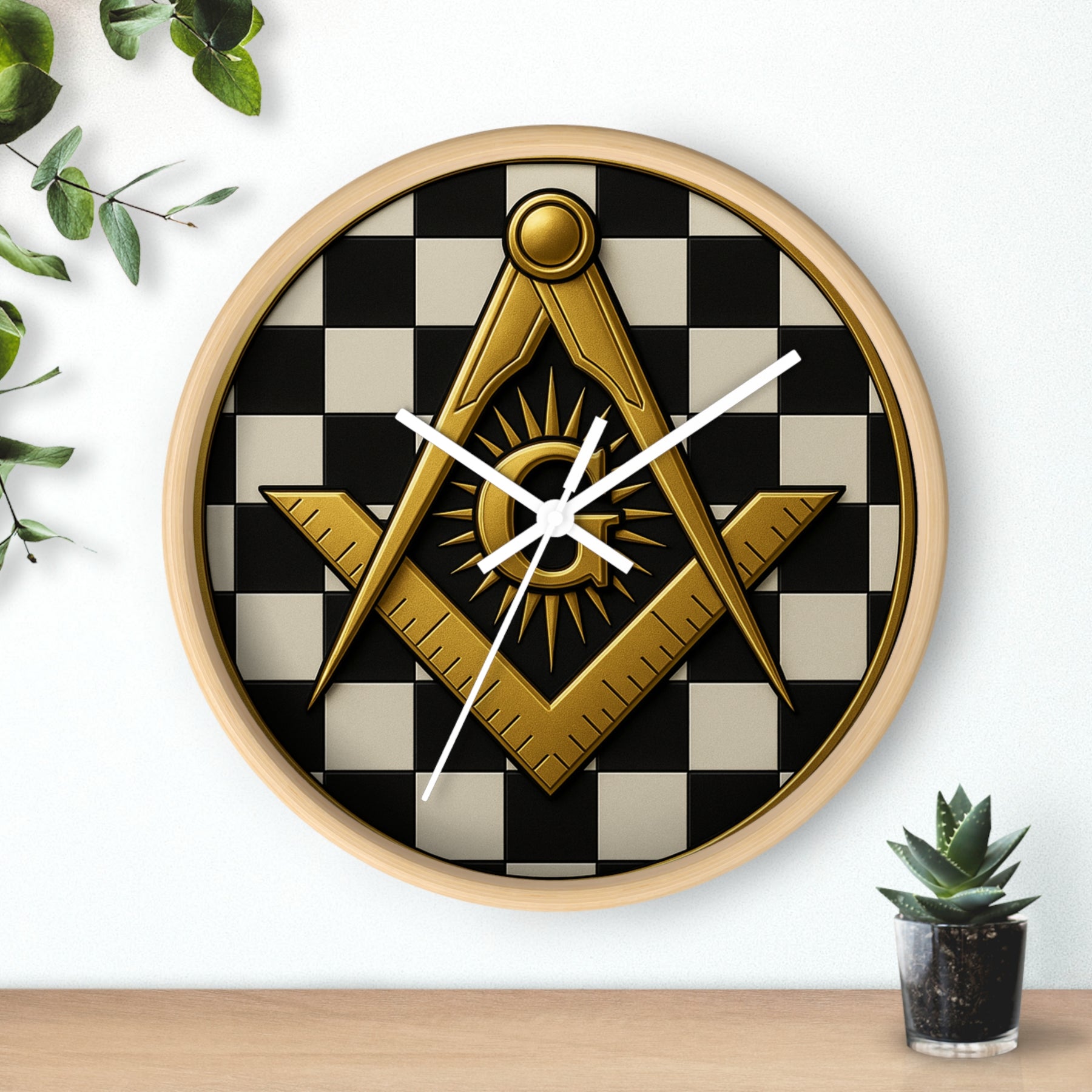 Master Mason Blue Lodge Clock - G and Square & Compass Checkered Dial - Bricks Masons