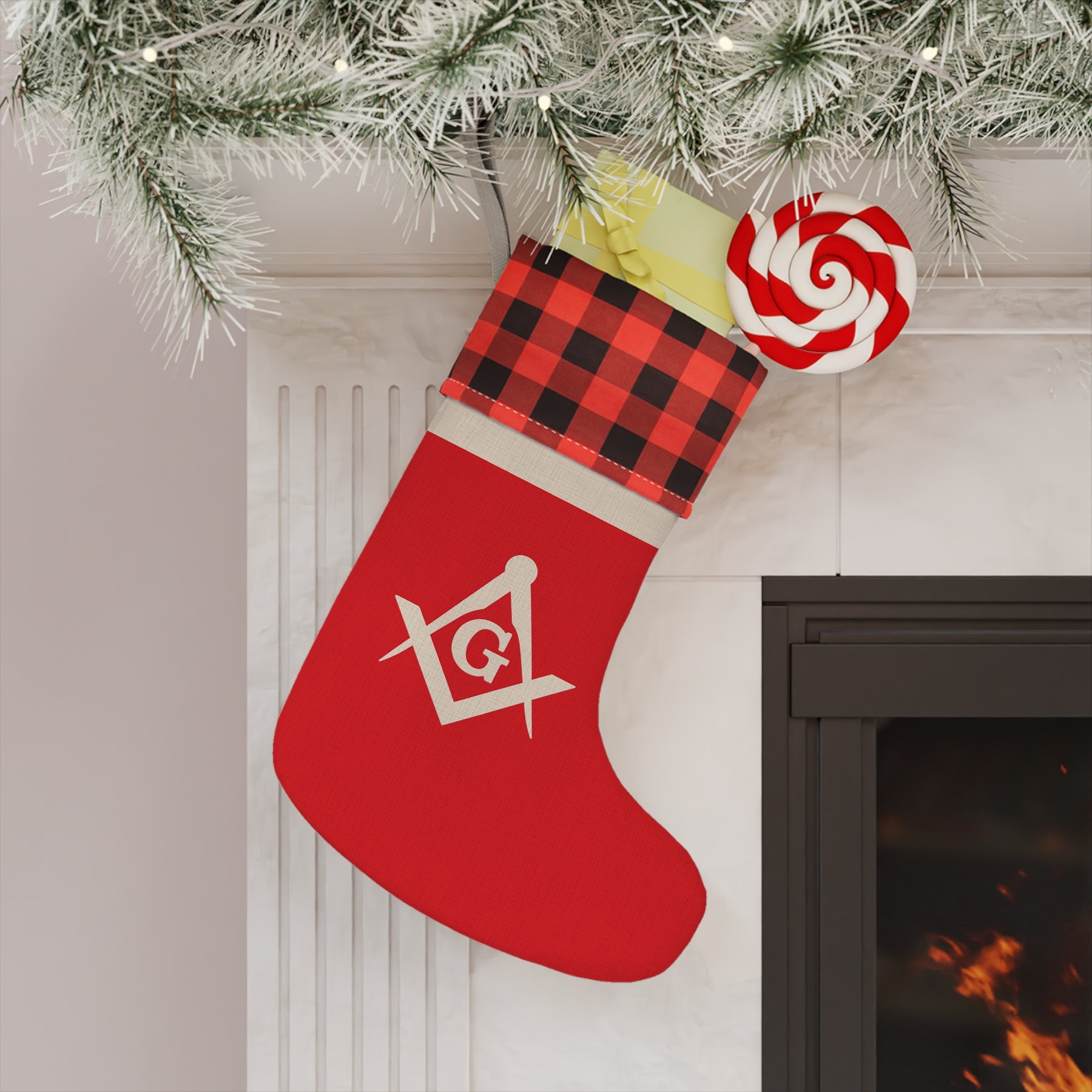 Master Mason Blue Lodge Christmas Stocking - Silver Square & Compass G Emblem - Bricks Masons