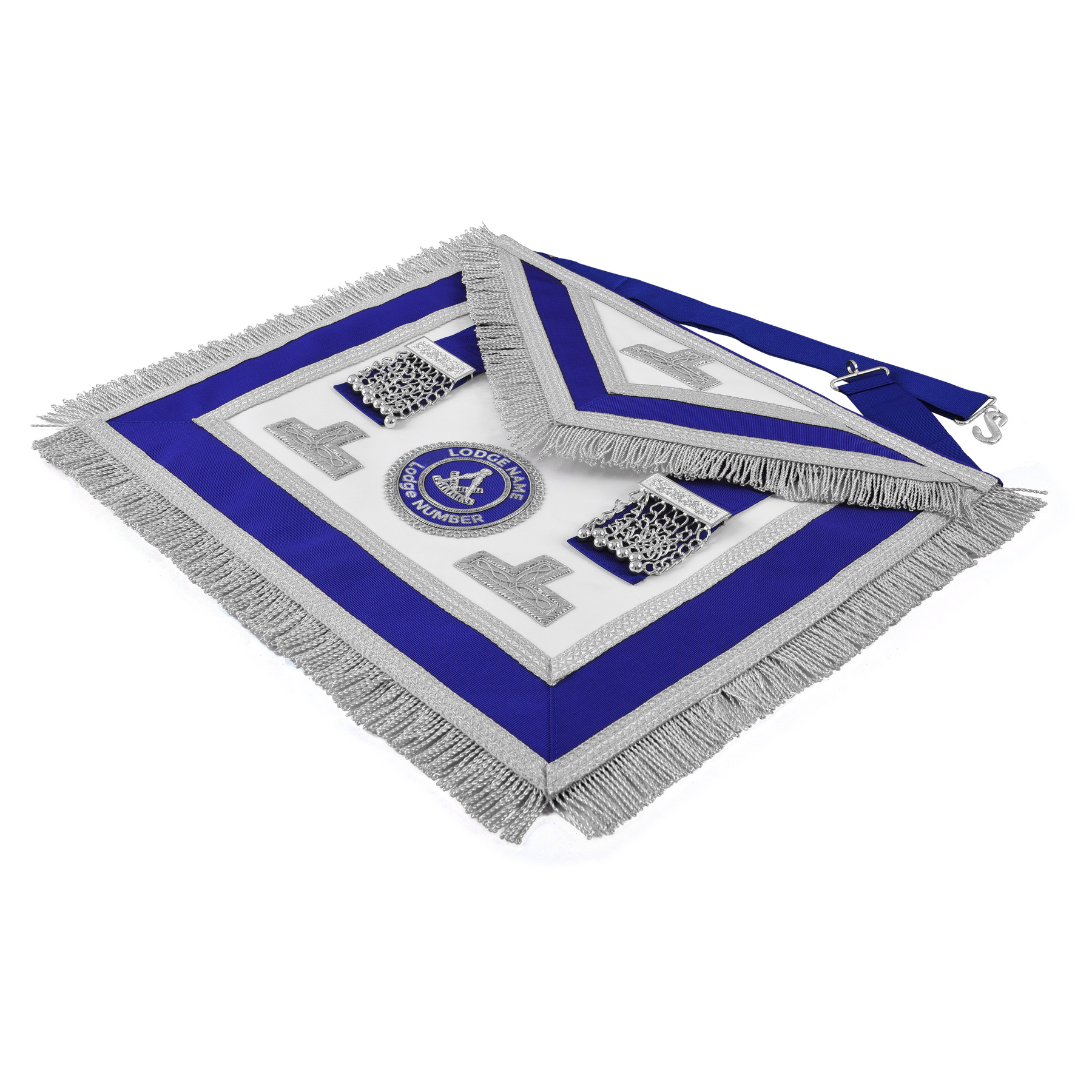 Past Master Blue Lodge Apron - Royal Blue Ribbon With Silver Fringe & Chain Tassels - Bricks Masons