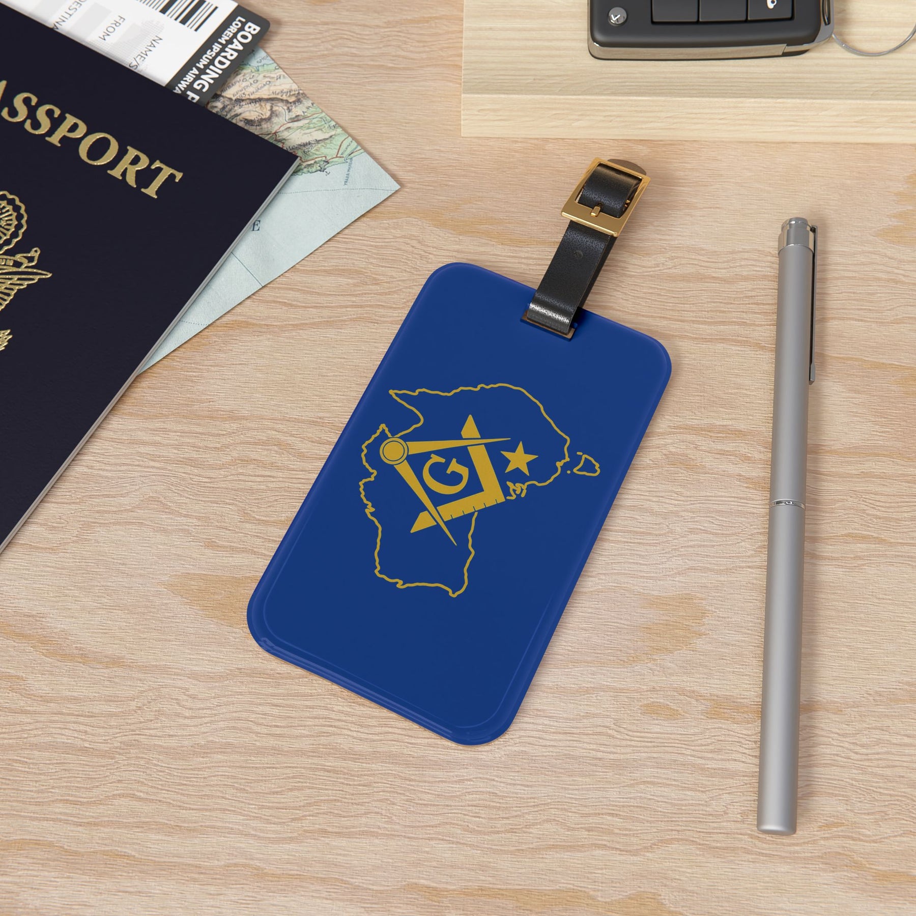 Master Mason Blue Lodge Australia Jurisdiction Luggage Tag - S&C G With Leather Strap - Bricks Masons