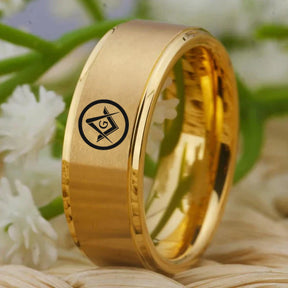 Master Mason Blue Lodge Ring - Gold Tungsten Personalizable - Bricks Masons