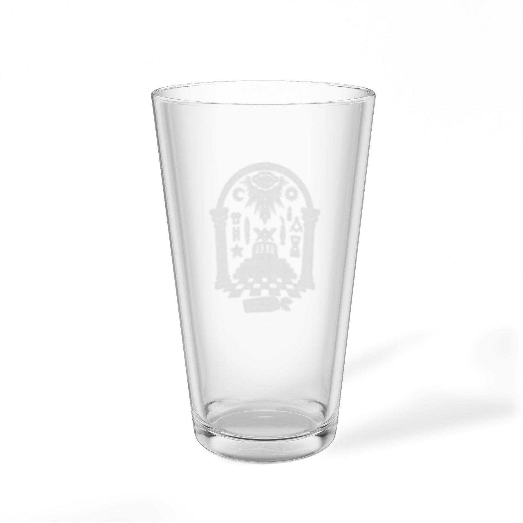 Master Mason Blue Lodge Pint Glass - Checkered Floor Pillars All-Seeing Eye & Tools