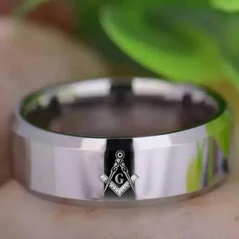 Master Mason Blue Lodge Ring - Silver Beveled Tungsten Personalizable - Bricks Masons