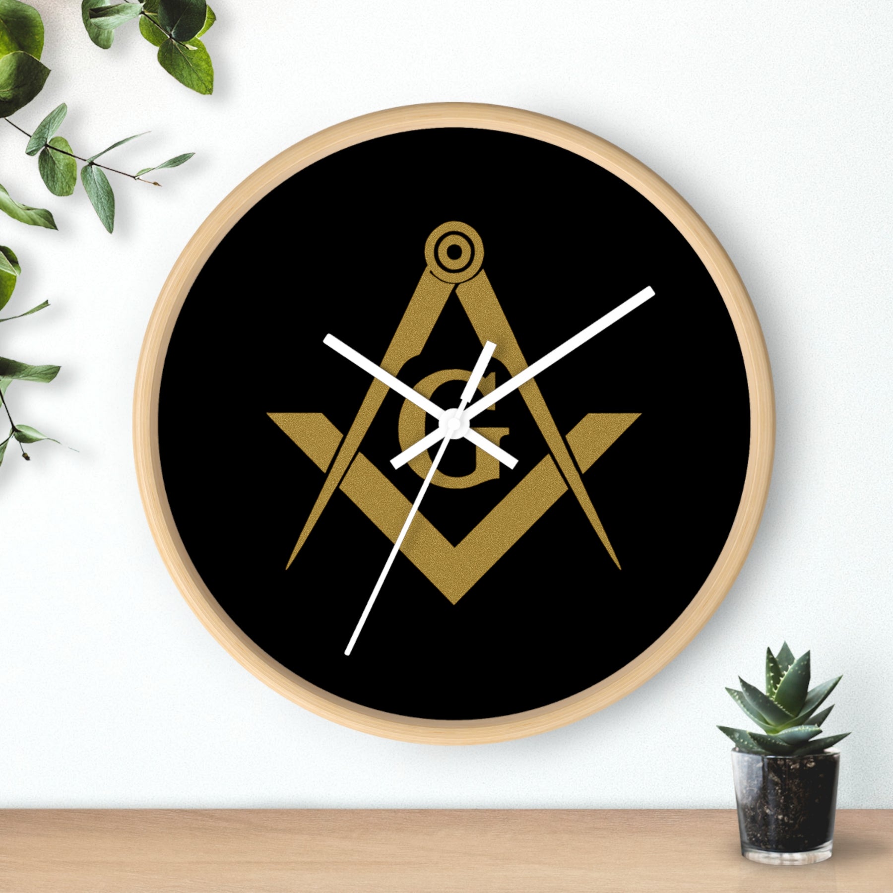 Master Mason Blue Lodge Clock - Shiny Golden S&C G on Black Dial - Bricks Masons