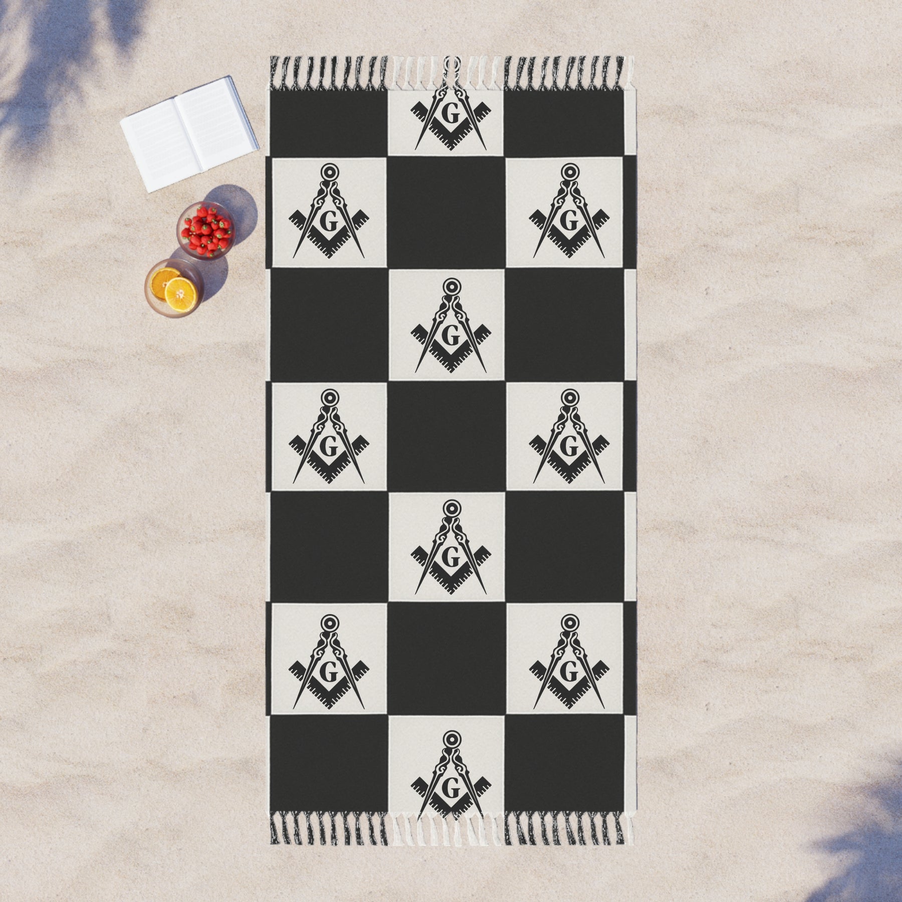 Master Mason Blue Lodge Towel - S & C With Chekered Pattern Beach Cloth - Bricks Masons