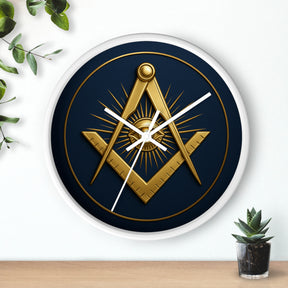 Master Mason Blue Lodge Clock - Wood Frame with Eye Square & Compass Symbol - Bricks Masons