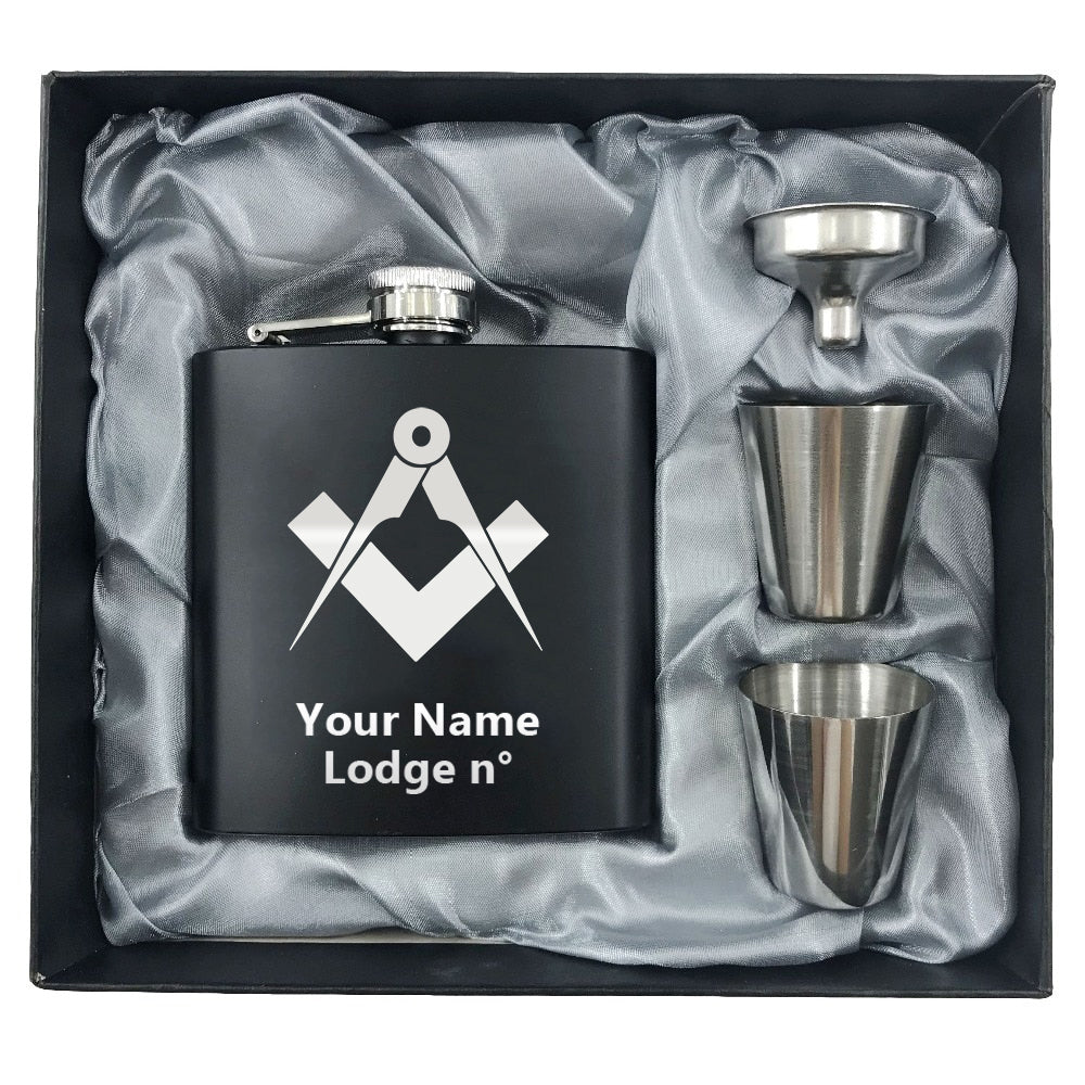 Master Mason Blue Lodge Flask - 2 Shot Glasses & Funnel - Bricks Masons