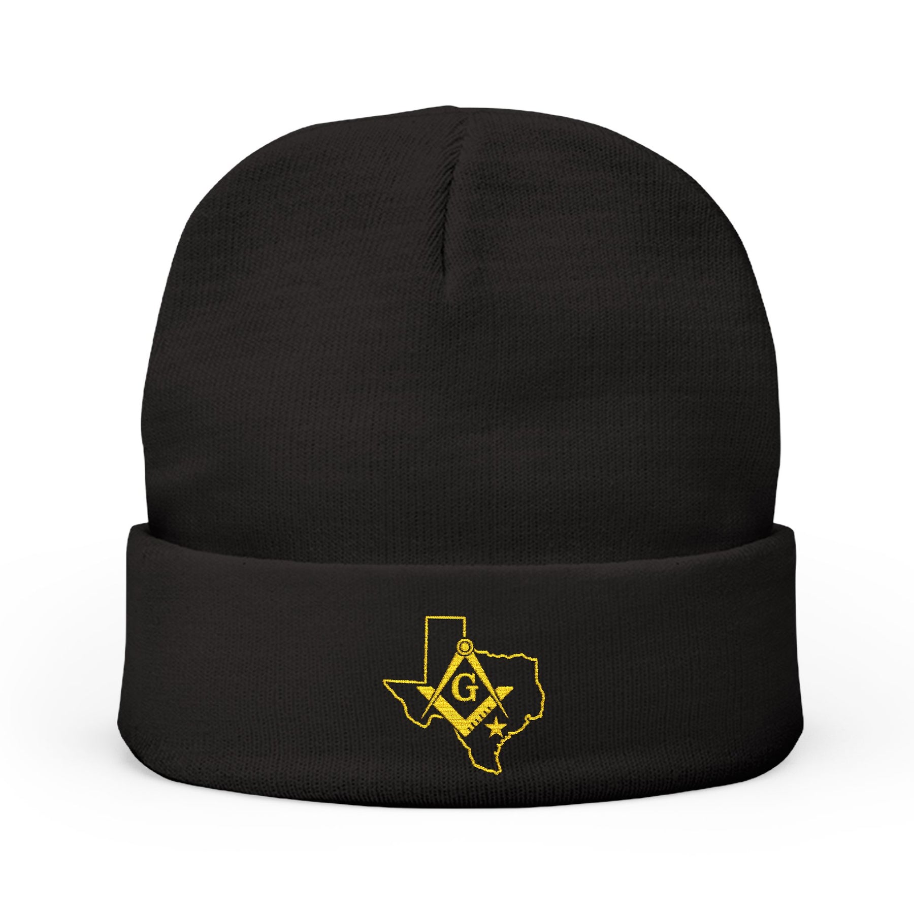 Master Mason Blue Lodge Beanie - Knit Embroidery Gold Square & Compass G Texas Mason - Bricks Masons