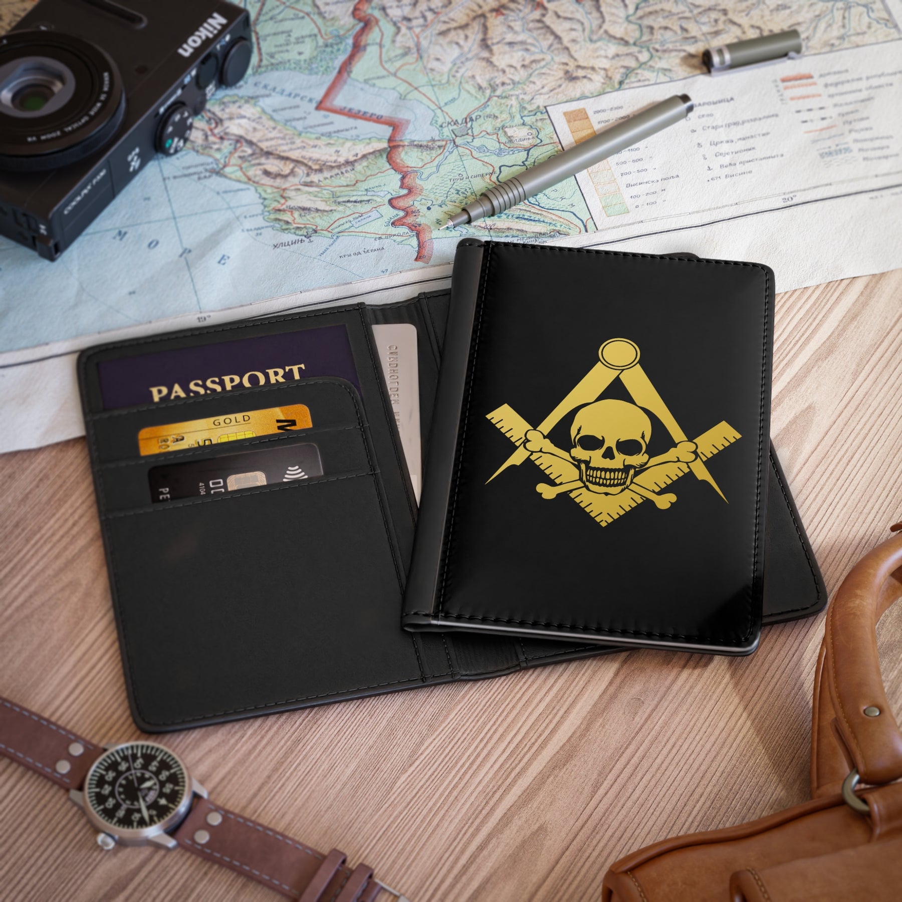 Widows Sons Passport Cover - Gold Skull & Bones With S&C With Inner Compartments - Bricks Masons