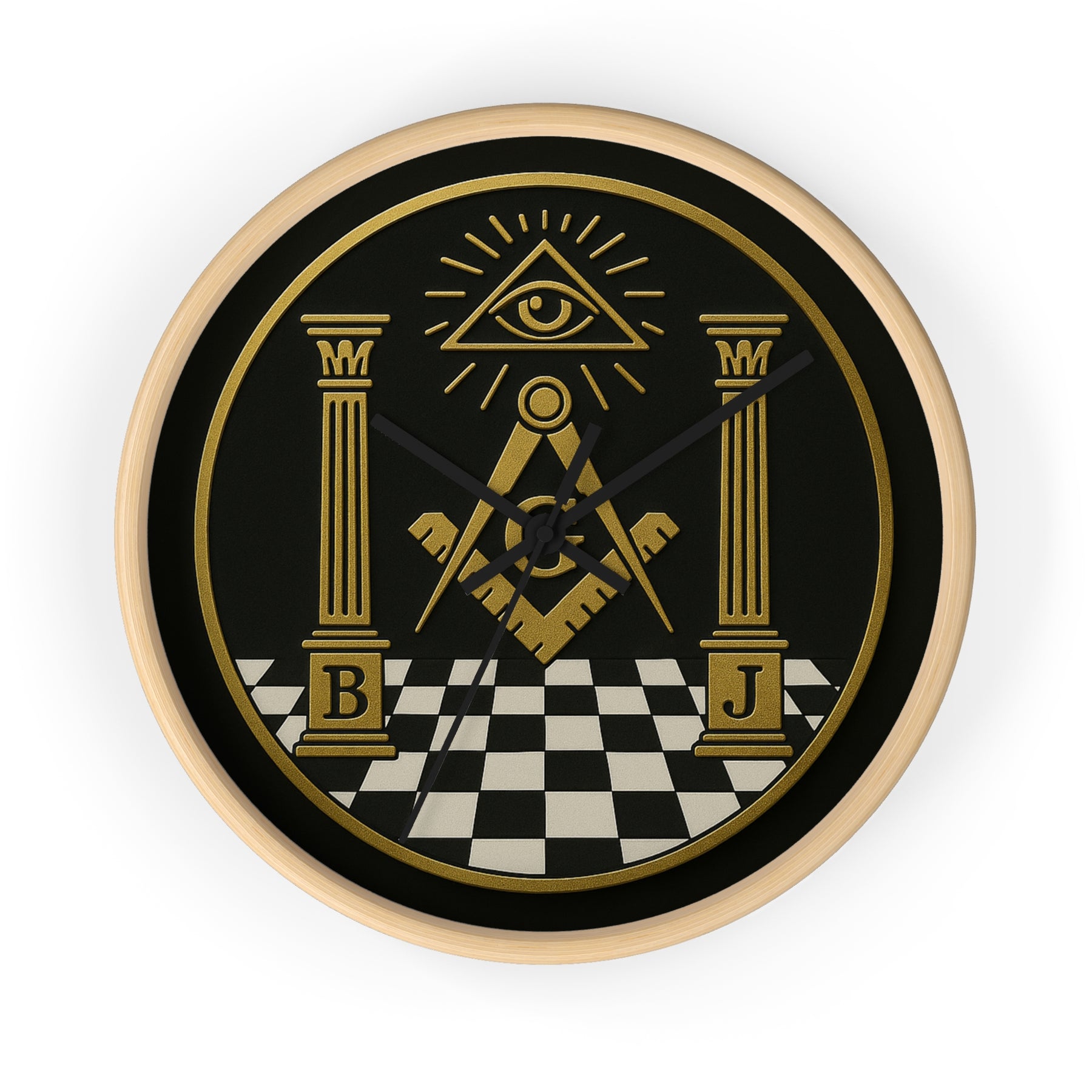 Master Mason Blue Lodge Clock - S&C with Pillars in Wooden Frame - Bricks Masons