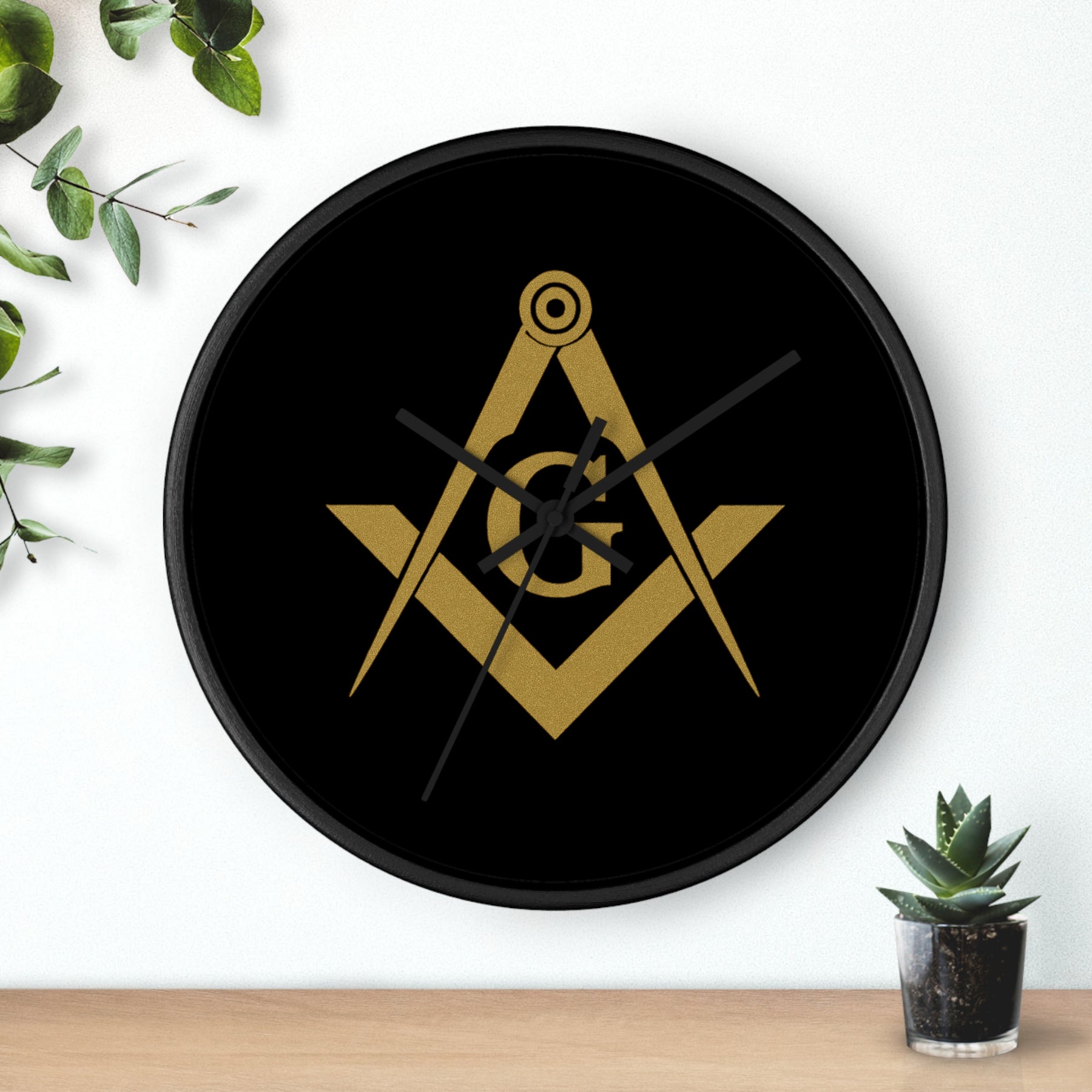 Master Mason Blue Lodge Clock - Shiny Golden S&C G on Black Dial - Bricks Masons